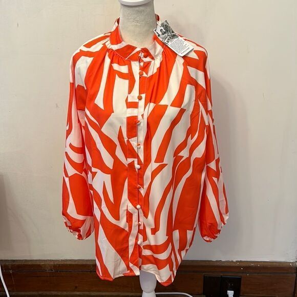 Prettywear orange white long sleeve button front henley collar blouse Size M New - Picture 1 of 9